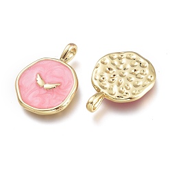 Pink Laiton émail pendentifs, plat rond avec motif de l'aile, or, rose, 18x13.5x2mm, Trou: 3.5x2mm