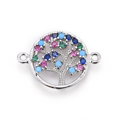 Platinum Brass Micro Pave Cubic Zirconia Links, Flat Round with Tree of Life, Colorful, Platinum, 14.5~15x19.5~21x2.5mm, Hole: 1.2mm