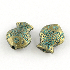 Antique Bronze & Green Patina Fish Zinc Alloy Beads, Cadmium Free & Lead Free, Antique Bronze & Green Patina, 14x10.5x4.5mm, Hole: 1.5mm