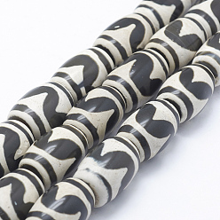 Wave Pattern Natural Agate Tibetan Style Horse Tooth Pattern dZi Beads Strands, Dyed & Heated, Barrel, Black, 19~24x14~17mm, Hole: 2mm, about 15pcs/strand, 13.6 inch