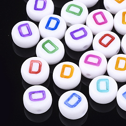 Letter D Initial Acrylic Beads, Horizontal Hole, Flat Round, Mixed Color, Letter.D, 7x3.5~4mm, Hole: 1.2mm, about 3700pcs/500g