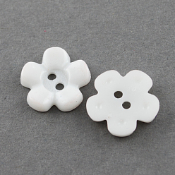 Blanc Boutons acryliques, 2-trou, teint, fleur, blanc, 15x15x3mm, Trou: 2mm