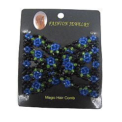 Blue Iron Hair Bun Makers, Stretch Double Hair Combs, with Glass Beads, Blue, 90x75mm
