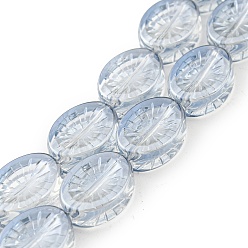 Bleu Acier Clair Perles en verre electroplate, perle plaquée lustre, ovale avec des fleurs, bleu acier clair, 14x10.4x4.8mm, Trou: 1.2mm, Environ 45 pcs/chapelet, 25.04 pouce (63.6 cm)