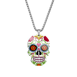 Orange Stainless Steel Skull with Flower Pendant Necklaces, Halloween Jewelry for Women, Red, 23.62 inch(60cm)