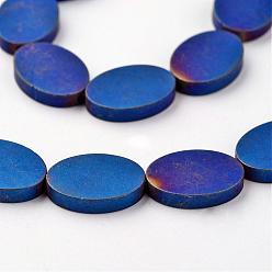 Blue Plated Electroplate Non-magnetic Synthetic Hematite Beads Strands, Frosted, Oval, Blue Plated, 14x10x3mm, Hole: 1mm, about 29pcs/strand, 15.7 inch