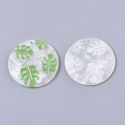 LimeGreen Cellulose Acetate(Resin) Pendants, Tropical Leaf Charms, 3D Printed, Flat Round, Monstera Leaf Pattern, Lime Green, 39x2.5mm, Hole: 1.6mm