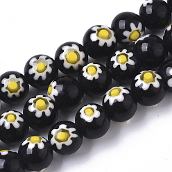 Noir Brins de perles au chalumeau fait main millefiori, ronde, noir, 8mm, Trou: 1.2mm, Environ 48 pcs/chapelet, 14.17 pouce (36 cm)