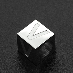 Letter V 201 Stainless Steel European Beads, Large Hole Beads, Horizontal Hole, Cube, Stainless Steel Color, Letter.V, 7x7x7mm, Hole: 5mm