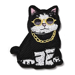 Noir Chat avec appliques collier et lunettes, fer à repasser informatisé / coudre des patchs, accessoires de costumes, noir, 75.5x55.5x1.5mm