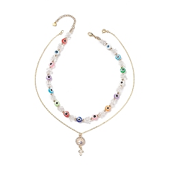 Mixed Color 2Pcs 2 Style Natural Quartz Crystal Chips & Resin Evil Eye Beaded Necklaces Set, Rhinestone Tree of Life with Cross Pendant Necklaces for Women, Mixed Color, 15.63~17.76 inch(39.7~45.1cm), 1Pc/style