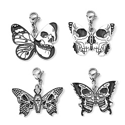Black Alloy Enamel Pendant Decorations, with 304 Stainless Steel Lobster Claw Clasps, Butterfly with Skull, Black, 28~30mm