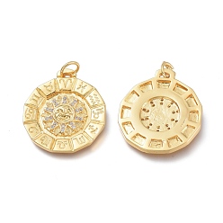 Real 18K Gold Plated Brass Micro Pave Clear Cubic Zirconia Pendants, with Jump Rings, Long-Lasting Plated, Flat Round with Twelve Constellation/Zodiac Sign, Real 18K Gold Plated, 25x22x3mm, Jump Ring: 6x0.7mm, Hole: 4.5mm