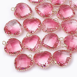 Hot Pink K9 Glass Pendants, Imitation Tourmaline, with Golden Tone Brass Findings, Faceted, Heart, Hot Pink, 20x16.5x8mm, Hole: 2mm
