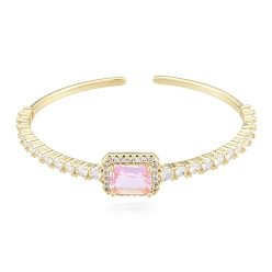 Rose Nacré Bracelet manchette ouvert rectangle zircone cubique, bijoux en laiton plaqué or véritable 18k pour femmes, perle rose, diamètre intérieur: 1-3/4x2-1/4 pouce (4.6x5.6 cm)