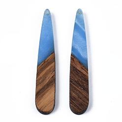Cornflower Blue Opaque Resin & Walnut Wood Pendants, Teardrop, Cornflower Blue, 44x7.5x3mm, Hole: 1.5mm