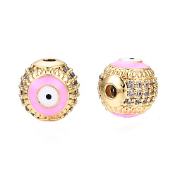 Mixed Color Brass Micro Pave Cubic Zirconia Beads, with Enamel, Real 18K Gold Plated, Round with Evil Eye, Nickel Free, Pearl Pink, 10mm, Hole: 2mm