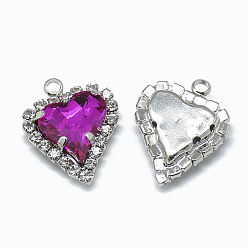 Fucsia Colgantes de diamantes de imitación de cristal, con fornituras de latón de tono platino, corazón, fucsia, 21x16.5x6 mm, agujero: 2 mm