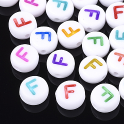 Letter F Initial Acrylic Beads, Horizontal Hole, Flat Round, Mixed Color, Letter.F, 7x3.5~4mm, Hole: 1.2mm, about 3700pcs/500g