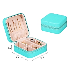 Turquoise PU Leather Jewelry Zipper Boxes, with Velvet Inside, for Rings, Necklaces, Earrings, Rings Storage, Square, Turquoise, 100x100x50mm