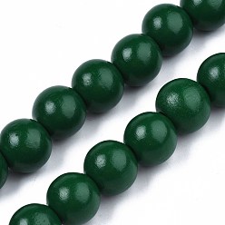 Dark Green Spray Painted Natural Wood Beads Strands, Round, Dark Green, 15~16x14~15mm, Hole: 3.5~4.5mm, about 25pcs/strand, 14.33 inch~14.53 inch(36.4cm~36.9cm)