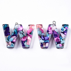 Letter W Transparent Epoxy Resin Pendants, with Shell Slices and Loops, Alphabet, Letter.W, 30x35.5x7.5mm, Hole: 1.6mm