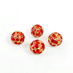 Red Brass Bead, with Enamel, Golden, Round, Red, 11mm
