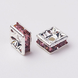 Light Amethyst Brass Rhinestone Spacer Beads, Grade A, Silver Color Plated, Square, Light Amethyst, 6x6x3mm, Hole: 1mm