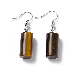 Tiger Eye Synthetic Tiger Eye Cylindrical Dangle Earrings, Platinum Brass Jewelry for Women, 42mm, Pin: 0.7mm