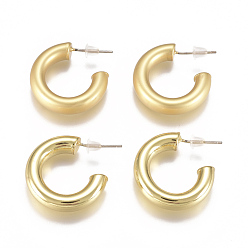 Real 18K Gold Plated Brass Stud Earrings, Half Hoop Earrings, with Plastic Ear Nut, Long-Lasting Plated, Real 18K Gold Plated, 19~22x19~22x5mm, Pin: 1mm