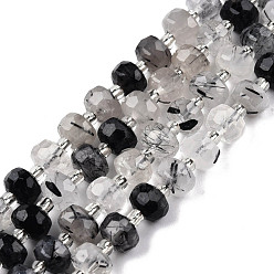 Rutilated Quartz Natural Black Rutilated Quartz Beads Strands, with Seed Beads, Faceted, Rondelle, 8x6mm, Hole: 1mm, about 20~22pcs/strand, 7.09 inch(18cm)