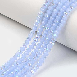 Light Blue Electroplate Glass Beads Strands, Imitation Jade Beads, Half Plated, Rainbow Plated, Faceted, Rondelle, Light Blue, 10x8mm, Hole: 1mm, about 63~65pcs/strand, 19.2~20 inch(48~50cm)