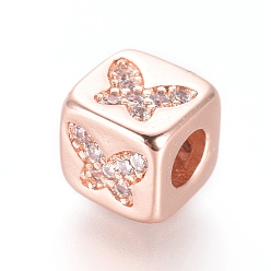 Rose Gold Brass Beads, with Micro Pave Cubic Zirconia, Cube with Butterfly, Clear, Rose Gold, 6x6x6mm, Hole: 3mm