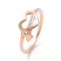 Rose Gold Crystal Rhinestone Heart with Arrow Finger Ring, Ion Plating(IP) 304 Stainless Steel Jewelry for Women, Rose Gold, US Size 5 1/2~9(16.1~18.9mm)