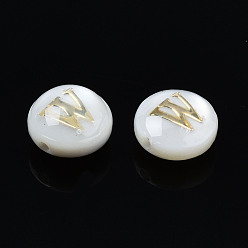 Letter W Natural Freshwater Shell Beads, with Golden Plated Brass Etched Metal Embellishments, Flat Round with Letter, Seashell Color, Letter.W, 6x4mm, Hole: 0.8mm