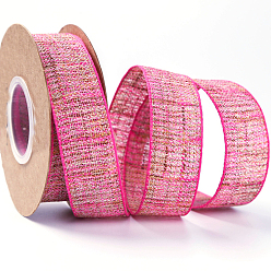 Deep Pink Cotton and Linen Wired Ribbon, for Christmas Party, Gift Wrapping, Home Decor, Crafts Making, Deep Pink, 1 inch(25mm), 10 yards/roll