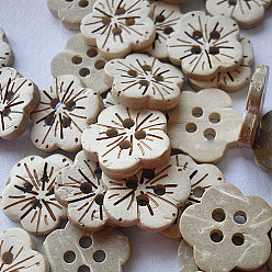 Old Lace Carved 4-hole Basic Sewing Button in Flower Shape, Coconut Button, Old Lace, about 18mm in diameter, about 100pcs/bag