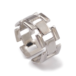 Color de Acero Inoxidable 304 anillos de puño abiertos rectangulares ahuecados de acero inoxidable para mujer, color acero inoxidable, diámetro interior: 17.2 mm