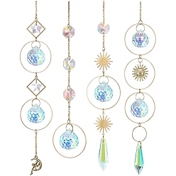Colorful 4Pcs Metal Ring & Sun Hanging Ornaments Set, Rainbow Maker, Teardrop/Cone Glass Tassel Suncatchers for Home Garden Decoration, Colorful, 400~500mm