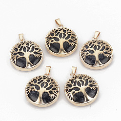 Blue Goldstone Synthetic Blue Goldstone Pendants, with Brass Findings, Flat Round with Tree of Life, Golden, 30.5x27x8mm, Hole: 7x3mm