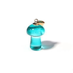 Dark Turquoise Lampwork Pendants, Mushroom Charms, Golden, Dark Turquoise, 25x15mm