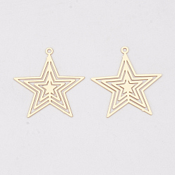 Light Gold Brass Pendants, Etched Metal Embellishments, Long-Lasting Plated, Star, Light Gold, 22.5x21.5x0.3mm, Hole: 1.2mm