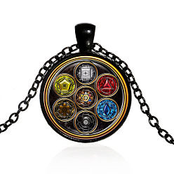 Electrophoresis Black Chakra Yoga Theme Glass Pendant Necklace, Alloy Jewelry for Women, Electrophoresis Black, 19.69~21.65 inch(50~55cm)