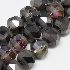 Negro Abalorios de vidrio electrochapa, arco iris chapado, esmerilado, facetados, rondo, negro, 7~8x7 mm, agujero: 1.5 mm, sobre 72 unidades / cadena, 19.68 pulgada