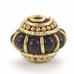 Black Handmade Indonesia Beads, with Golden Tone Brass Findings, Lantern, Black, 11x14x13mm, Hole: 1.5mm