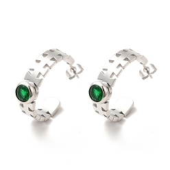 Stainless Steel Color Emerald Rhinestone Geometry Stud Earrings, 304 Stainless Steel Half Hoop Earrings for Women, Stainless Steel Color, 22x7x22mm, Pin: 0.8mm
