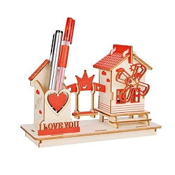 Naranja Rojo Diy 3d rompecabezas de madera, kits de modelo de casa de corazón de artesanía a mano, con portalápices, juguete de montaje de regalo de artesanía en madera para niños, amigo, rojo naranja, 72x182x121 mm, 37 PC / sistema