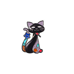Noir Chat avec des insignes de fleurs, les repères d'émail alliage, jolie broche de dessin animé, noir, 28x18mm