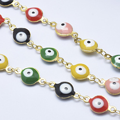 Golden Vacuum Plating Handmade Enamel Beaded Chains, Soldered, with Spool, with Stainless Steel Findings, Flat Round with Evil Eye, Colorful, Golden, 14x8x4mm, about 32.8 Feet(10m)/roll