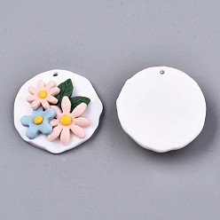 Colorful Handmade Polymer Clay Pendants, Flat Round with Flower, Colorful, 29.5~30.5x8~9mm, Hole: 1.8~2mm